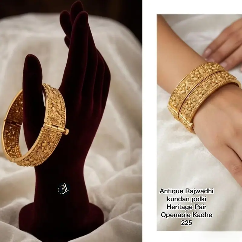 Carved Antique Openable Kada Pair — Gold