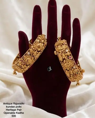 Temple Peacock Kundan Kada Pair