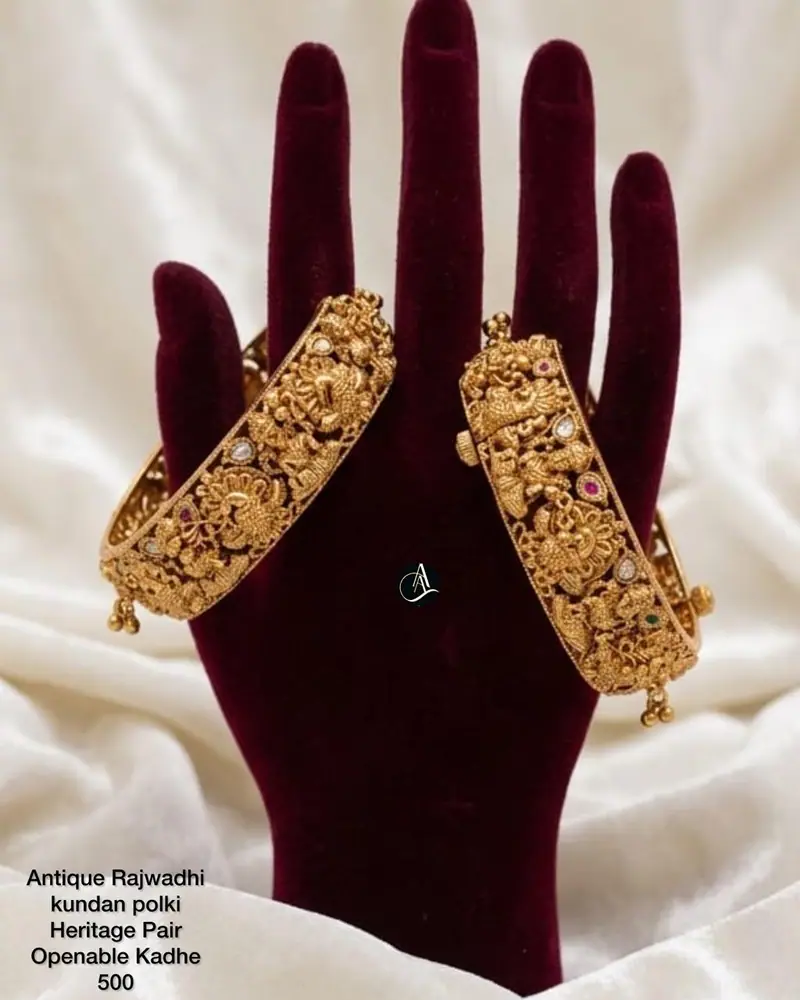 Temple Peacock Kundan Kada Pair — Gold