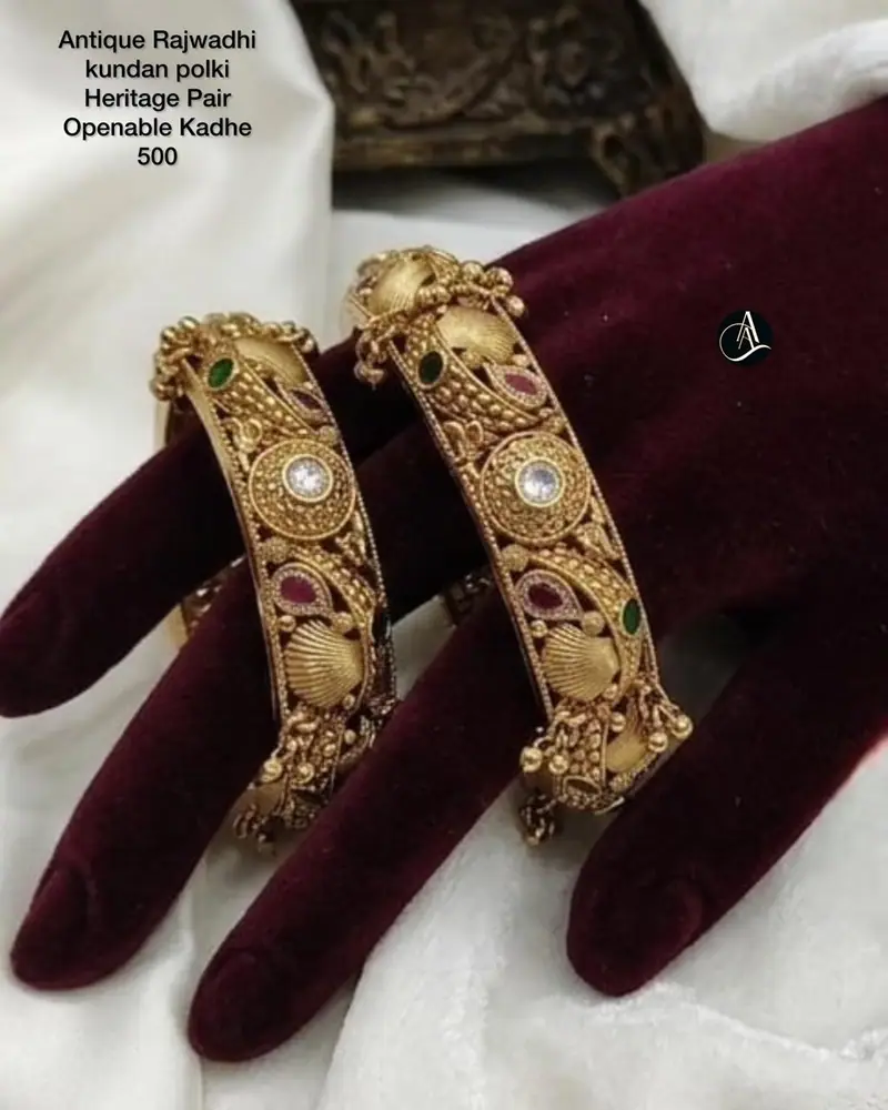 Polki Antique Openable Kada Pair — Gold