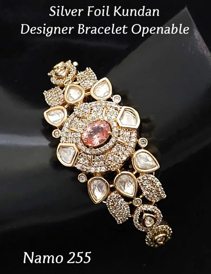 Silver Foil Kundan Openable Bracelet — Peach