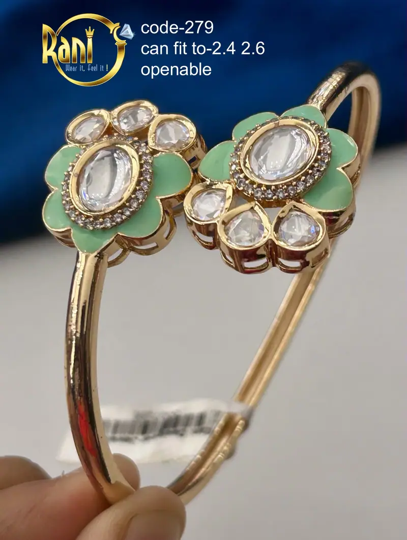 Meenakari Floral Openable Kada — Mint Green