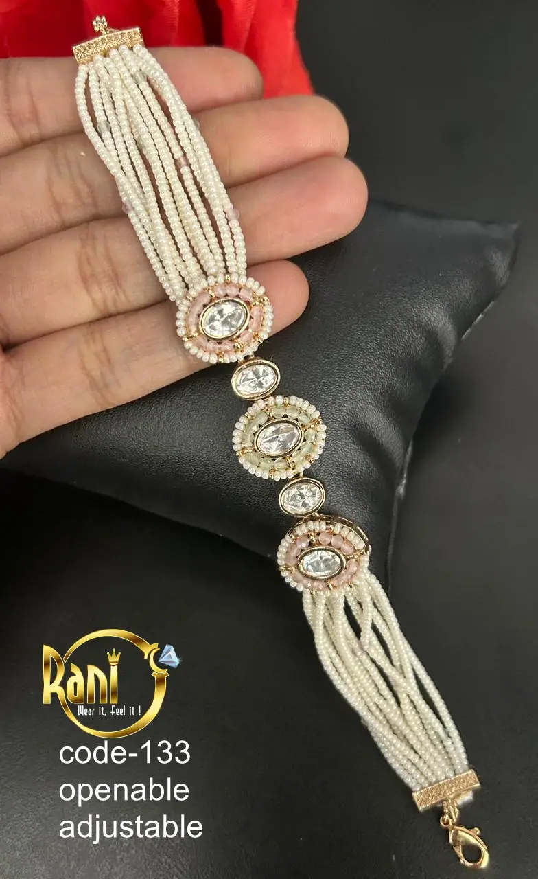 Kundan Pearl Strand Adjustable Bracelet — Blush Pink
