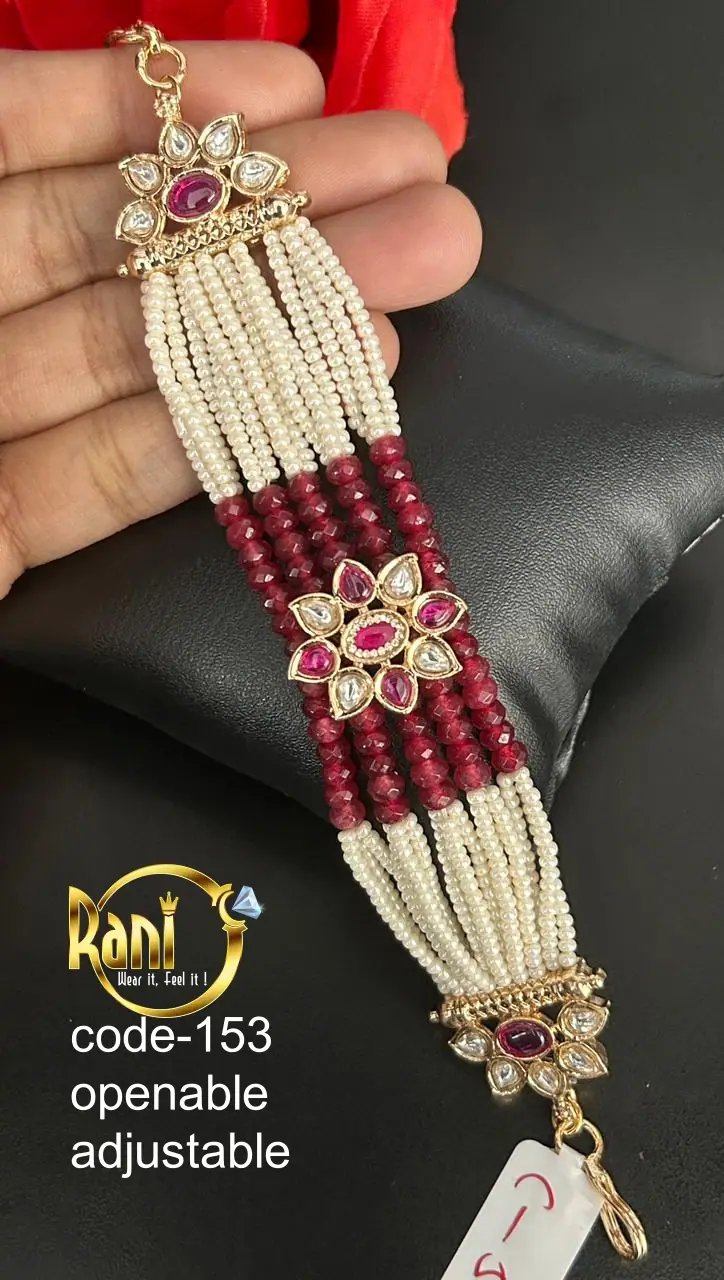 Beaded Pearl Polki Openable Bracelet — Ruby Red