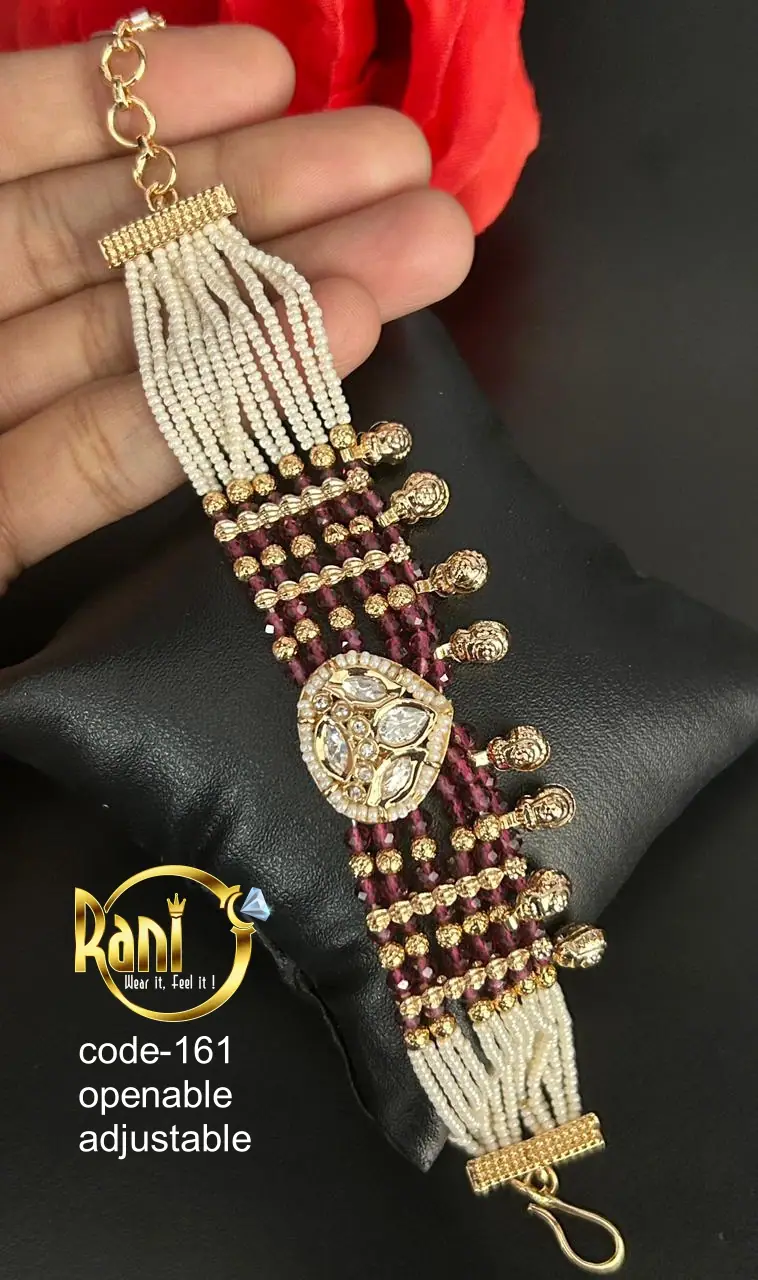Pearl Strand Polki Adjustable Bracelet — Ruby Maroon