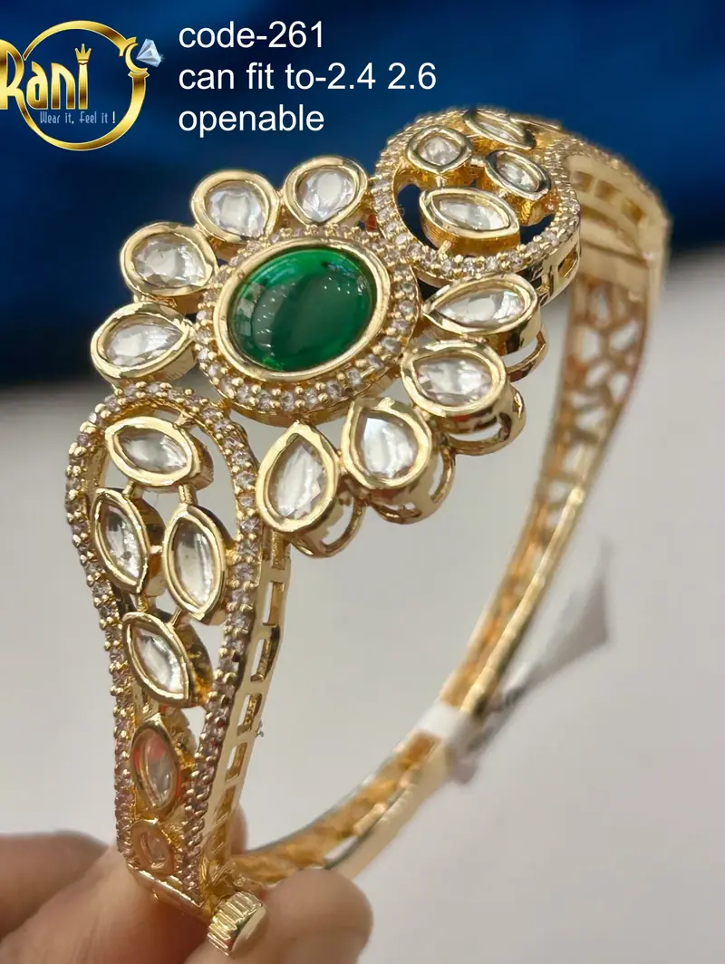 Polki Floral Openable Kada — Emerald Green