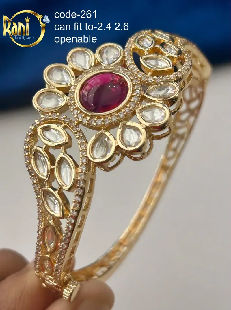 Polki Floral Openable Kada — Ruby Pink