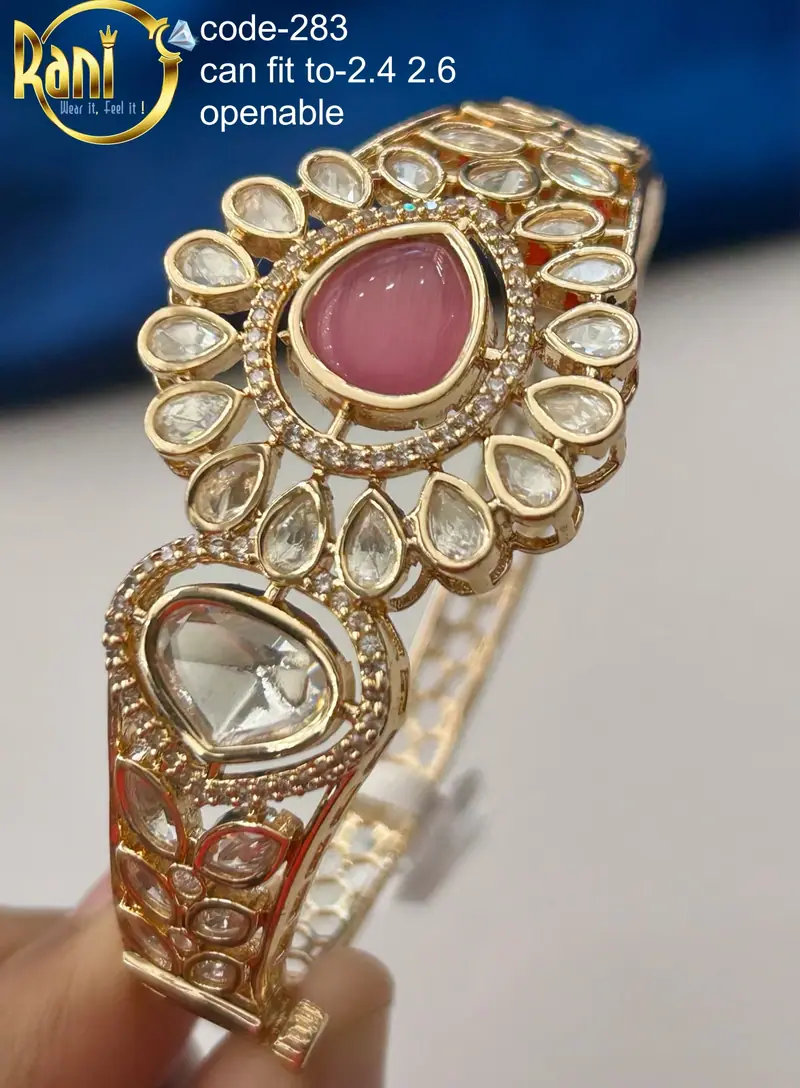 Polki Solitaire Broad Openable Kada — Rose Pink