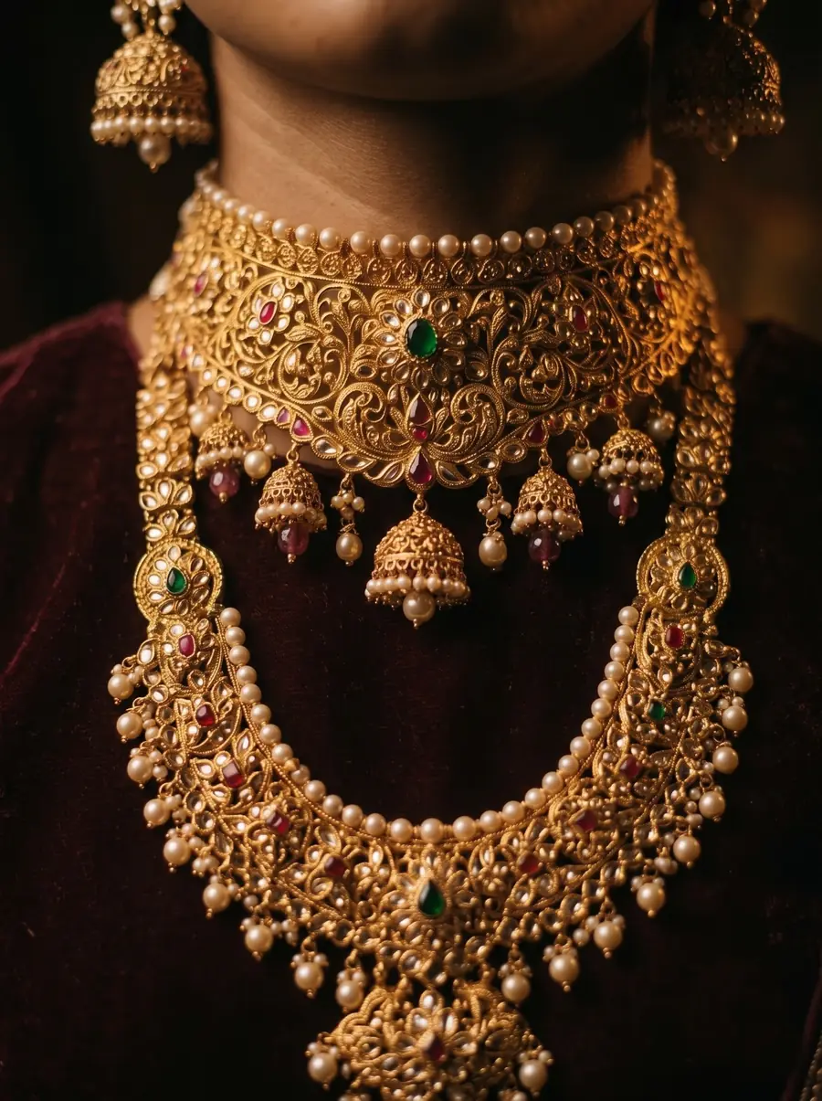 A layered gold bridal set — a broad choker, a long haar and jhumka earrings